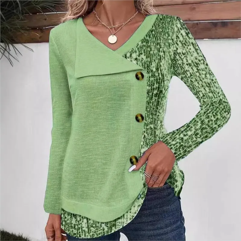Women's Spring Autumn Fashion T-shirt Spliced ​​Printing Long-sleeved Threade V-neck Buttoned Top With Irregular Hem Blouses Top