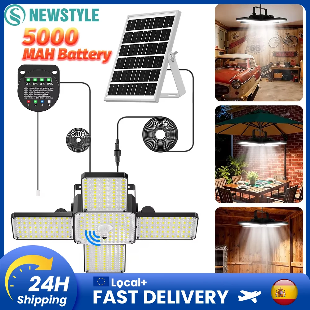 Solar-Schuppenleuchte für Innen- und Außenbereich, Bewegungssensor, Batterieanzeige, 4 Beleuchtungsmodi mit 268 LEDs, einstellbare Helligkeit, IP65 wasserdicht, LED, 5000mAh Batterie, energiesparende