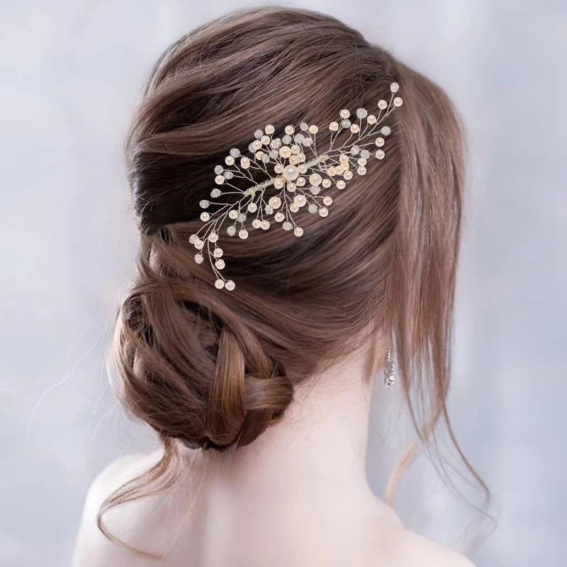 Handmade Fashion Pearl Flower Hair Comb Crystal Leaf Hairpin Bridal Wedding Hair Accessories Jewelry Hair Comb