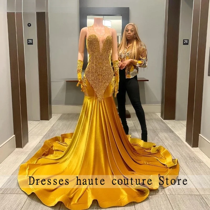 

Блестящее золотое бархатное платье русалки для выпускного вечера по индивидуальному заказу 2026 для чернокожих девушек, расшитое кристаллами и бриллиантами, бисером, африканское вечернее платье