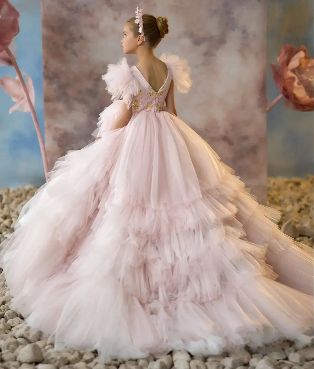 Robes de demoiselle d'honneur rose blush, en tulle, pour fête d'anniversaire de petite fille, robes de première communion pour enfants