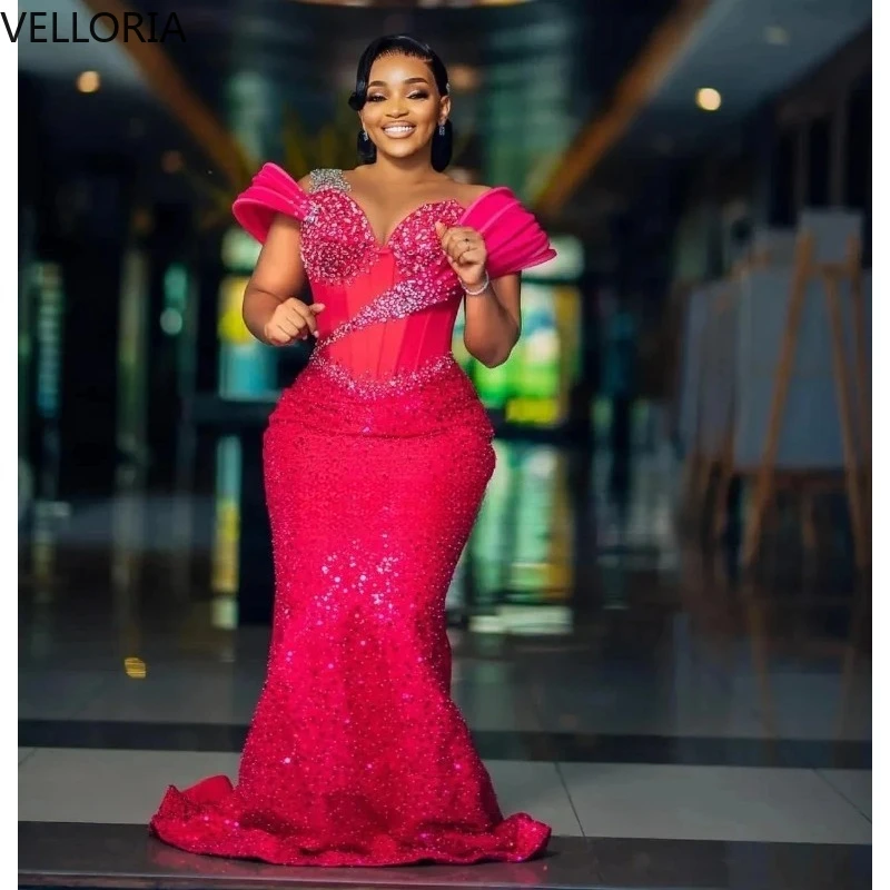 

Ярко-розовое, красное блестящее вечернее платье русалки с рюшами на плечах и бисером, вечернее платье для выпускного вечера в африканском стиле, большие размеры, свадебное платье на заказ