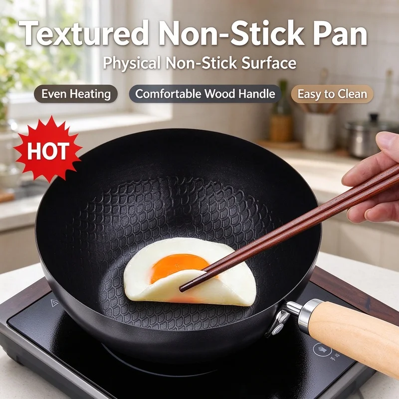Uncoated Small Iron Wok, Flat Bottom Stir-Fry Cooking Pan, Works with Induction & Gas Stove, Kitchen Cookware