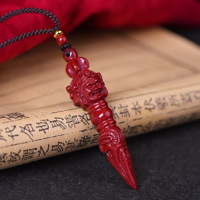 Natural Mineral Vermilion Sand Pendant with Three Faced Puba Vajra Demon Subduing Pestle and Magic Tool Pendant