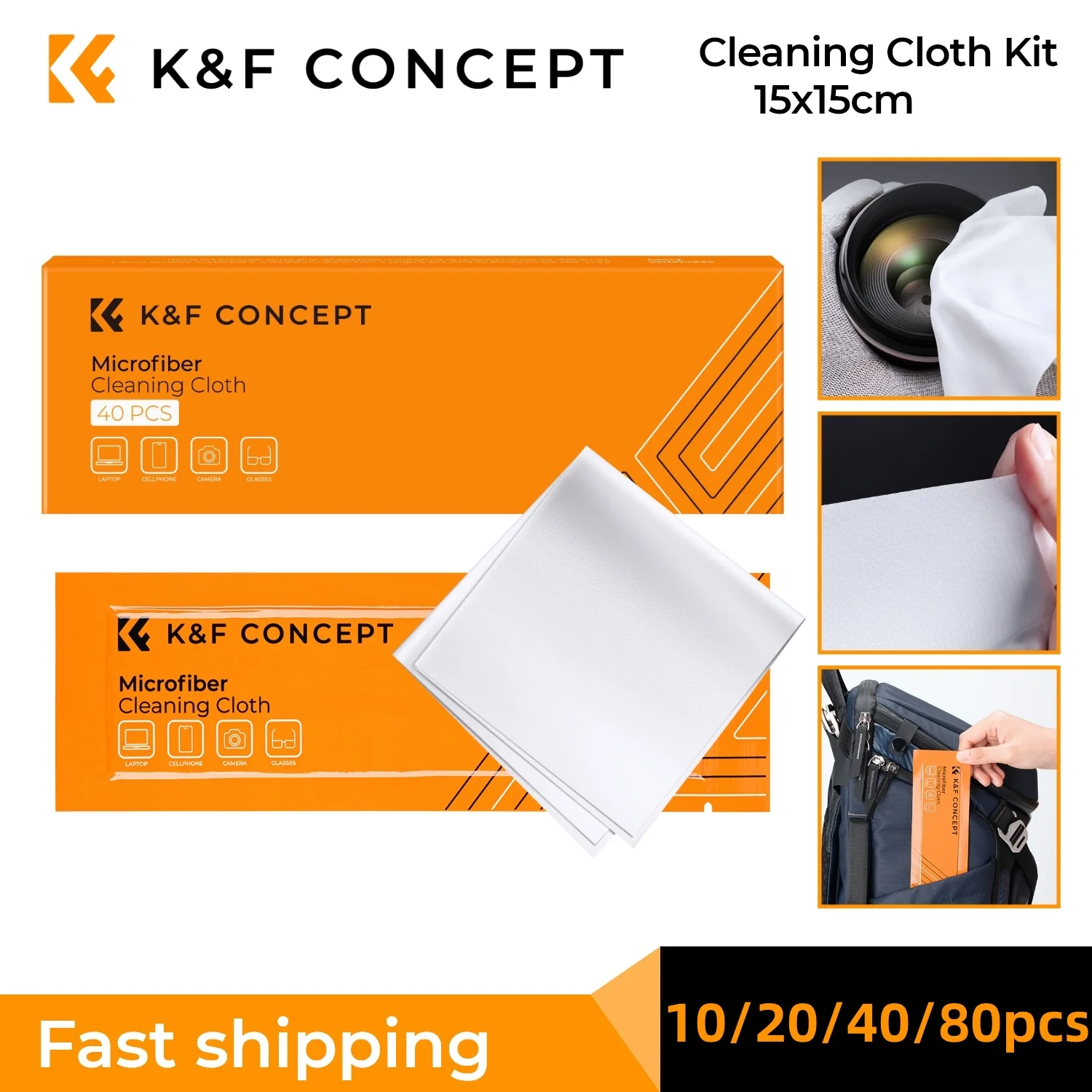 K&F CONCEPT 80/40/20/10pcs Individually Vacuum Wrapped Microfiber Cleaning Cloths for Camera Lens Glasses Phones Screen 15x15cm