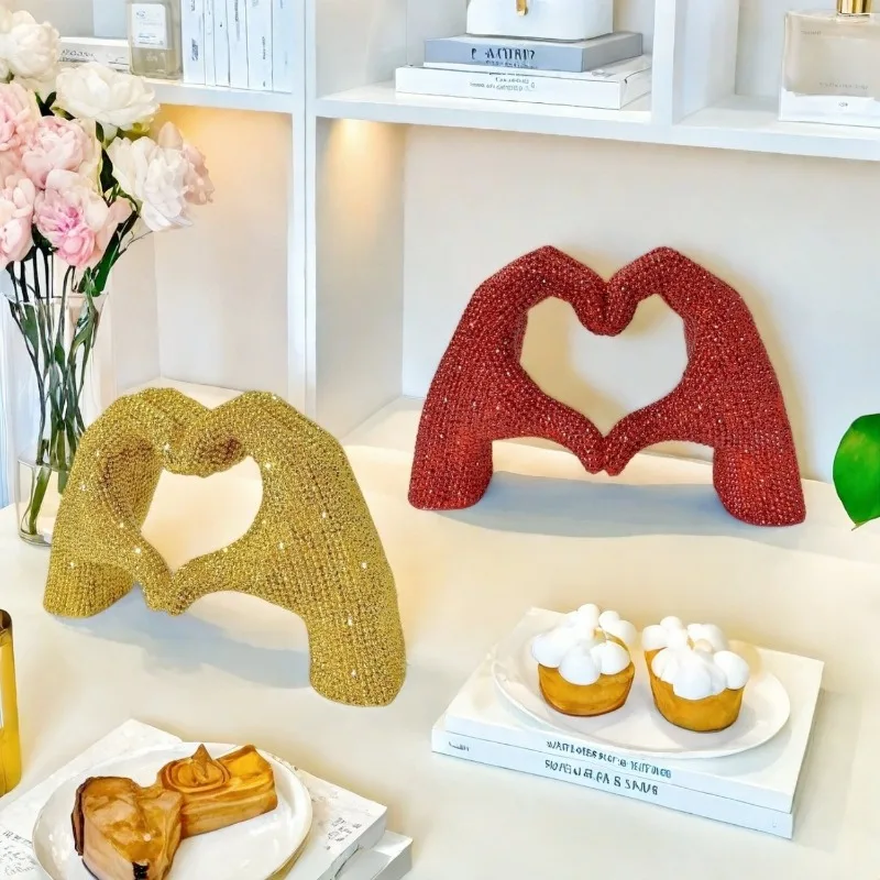 Rhinestone Studded Heart Hand Gesture Figurine Home Decor For Living Room Wine Cabinet Entryway Ideal Valentines Day Gift Lucky
