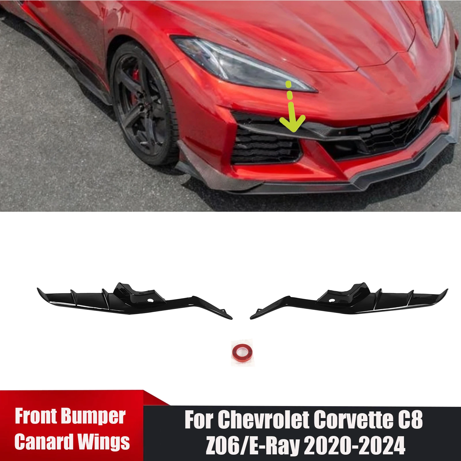 

Для Chevrolet Corvette C8 Z06/E-Ray 2020-2024 Набор переднего бампера автомобиля Крылья Canard Глянцевый черный стиль из углеродного волокна АБС-пластик