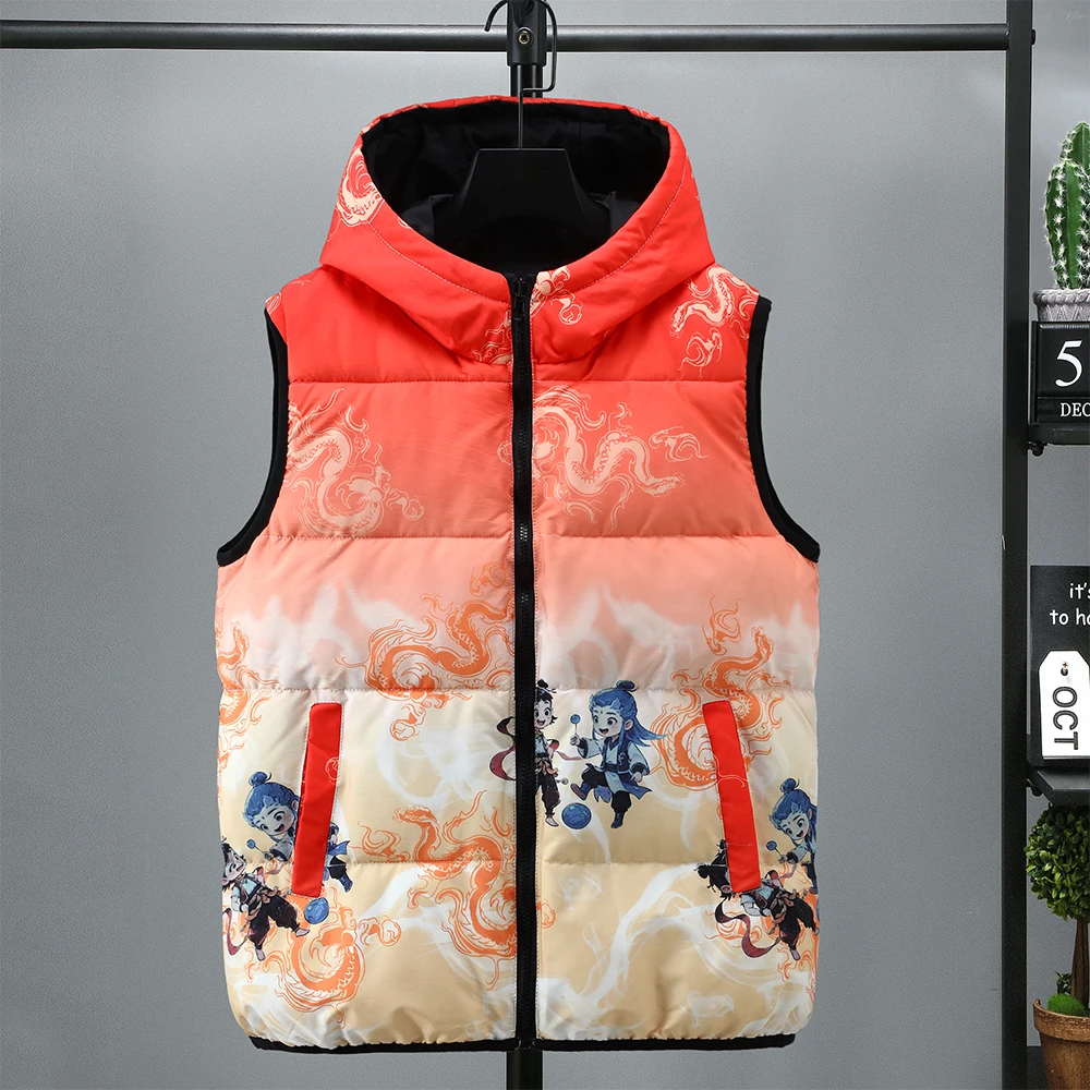 

2025 New Autumn Winter Thiened Cotton Hooded Cartoon Red Vest ex Jaet oulder Bared Coat Youth Trendy Winter Outerwear