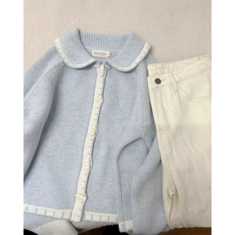 

Sweater Milk Blue Horn Button Sweater Women's Spring New Cardigan Jacket Thickened
