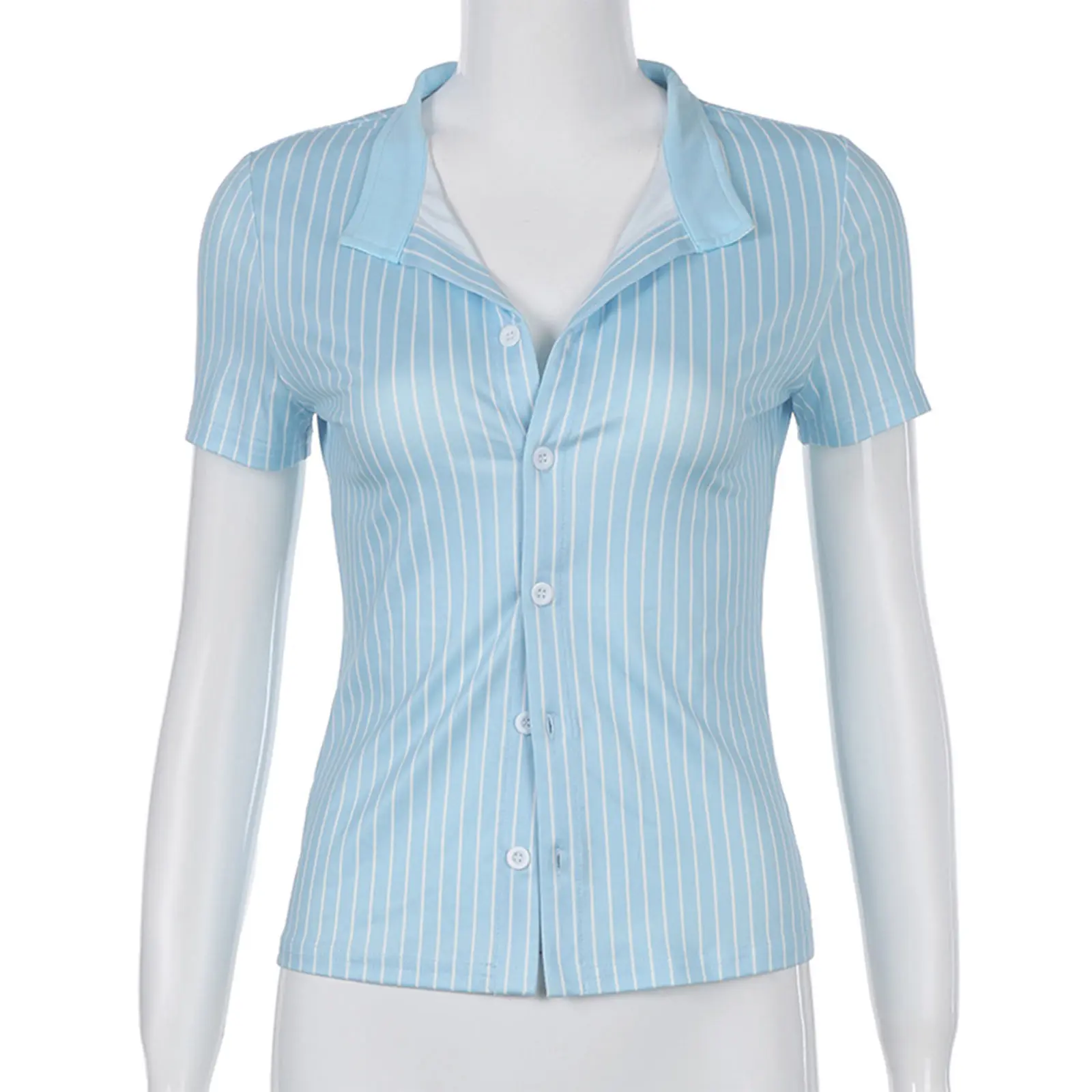 Femmes mode petit revers manches courtes rayure bouton fermeture hauts chemisier chemises tenue d'été pour le travail trajet réunion fête
