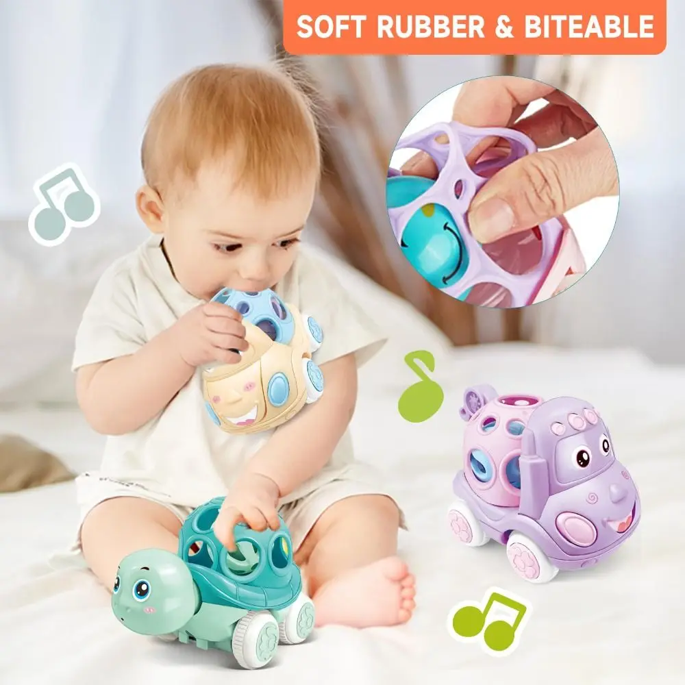 Coche de bebé de goma suave creativo, juguete con sonajero de dibujos animados accionado por fricción, coches enrollables, regalo para presionar y ir, juguete para gatear para niños de 1 a 3 años