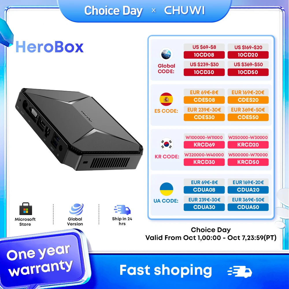 

CHUWI Herobox Mini PC Intel N100 Desktop Gaming Computer 8GB LPDDR5 256GB SSD Windows 11 VESA Up to 2TB SSD 4K UHD WIFI6 BT5.2