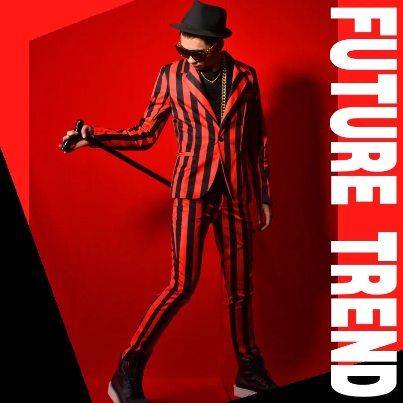 

Plus Size New Men Casual Clothing Fashion Slim Suit Dj Red And Black Stripes Blazer Suits Formal Set Male Singer Costumes