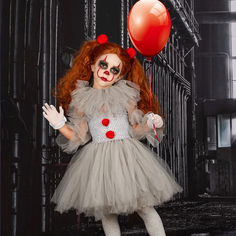 Girls Scary Clown Tutu Dress Set Tulle Ruffle Collar Red Pom Pom Decor With Hair Rings Gloves For Kids Halloween Cosplay Outfit