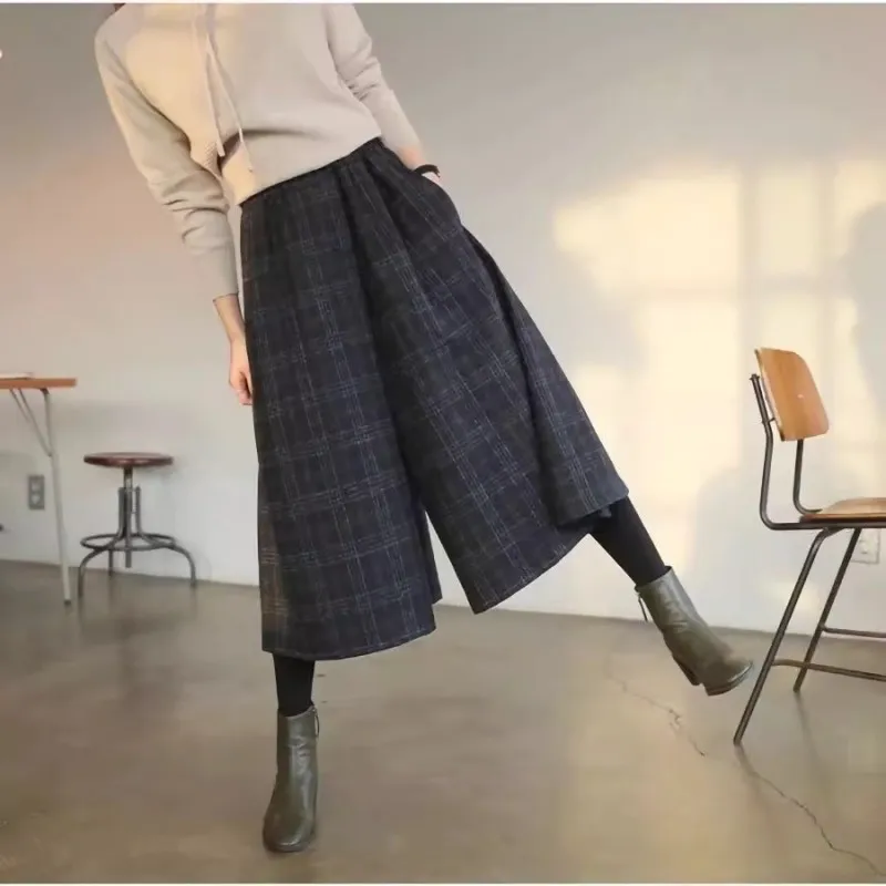 Checkered Woolen Wide Leg Pants For Women, 2024 Autumn And Winter New High Waisted Loose Fit Woolen Pants