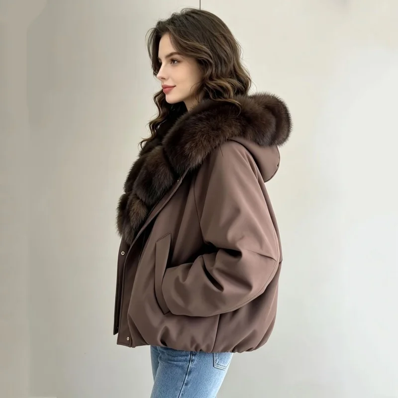 Women Hooded White Goose Down Parka, Detachable Natural Fox Fur Collar, Winter Warm Loose Short Down Jacket Windproof Outerwear