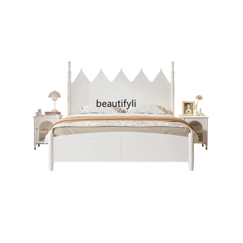 QQ132 Nordic white solid wood 1.8 meters modern simple cream wind single double bed master bedroom American princess bed
