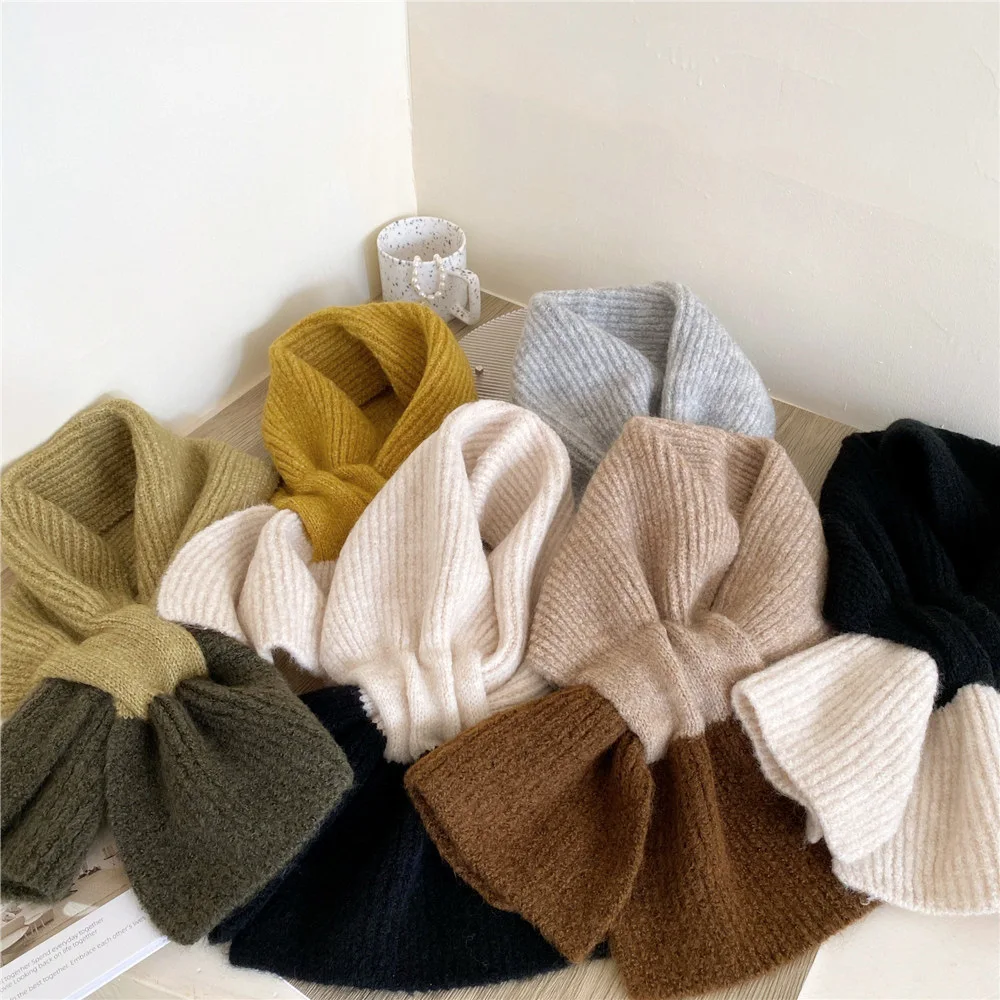 Women\'s Two-color Cross Scarf Muffler Long Autumn Winter Knitted Warm Shawl Decoration Student Fashion Couple Neckerchief Muffle