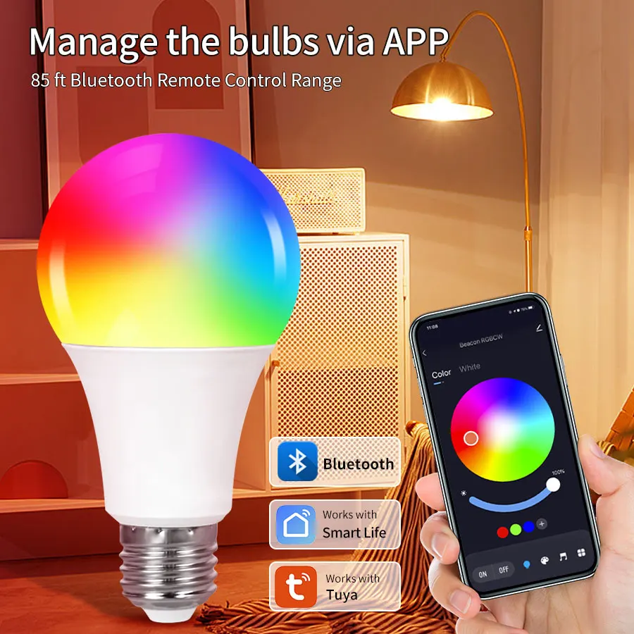 

Tuya Smart LED Bulb Bluetooth RGBCW Light Bulb Smart APP Control Dimmable E27 220V 110V For Living Room Bedroom Decor Light