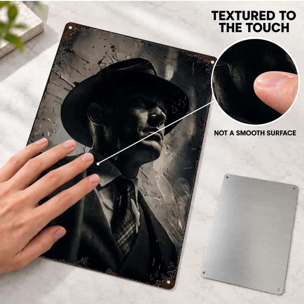 Vintage Gangster Portrait Textured Metal Poster Personalized Aluminum Sign Man In Hat Illustration Wall Art For Home Theater