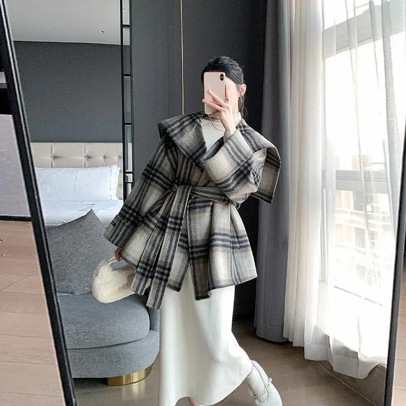 

New Style Cloak Woolen Coat MIDI Style Korean Waist in Cell Double-faced Cloth Sense of Advanced Female in The Winter Fashion