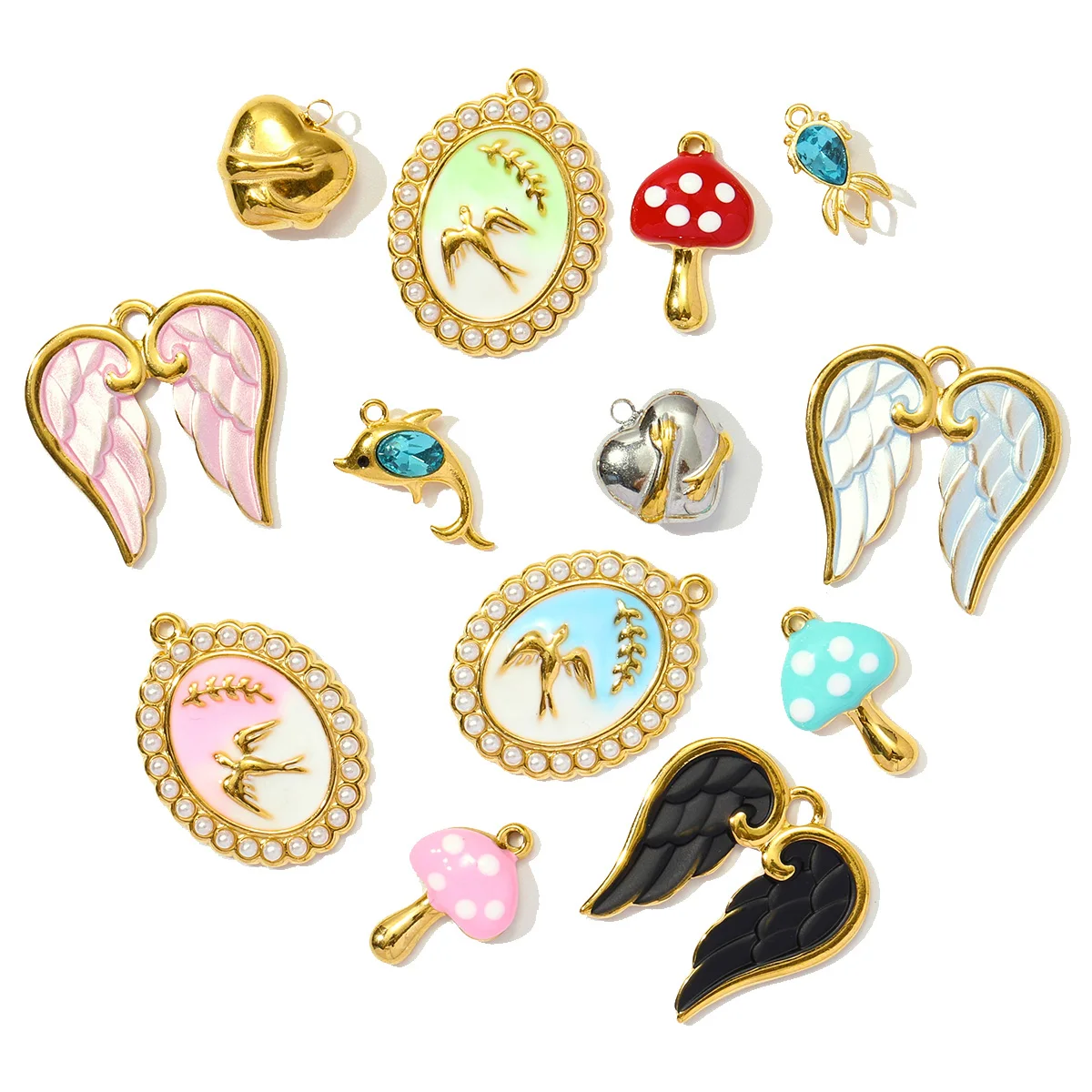 3pcs/Lot Stainless Steel Enamel Swallow Pearl Heart Wings Pendant Mushroom Dolphin Goldfish DIY Charms Women Jewelry