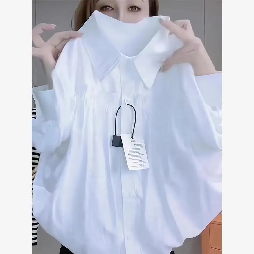 White Long Sleeve Women's Shirt Spring Summer Autumn New Style European Heavyweight Slimming Pleated Design Versatile Top