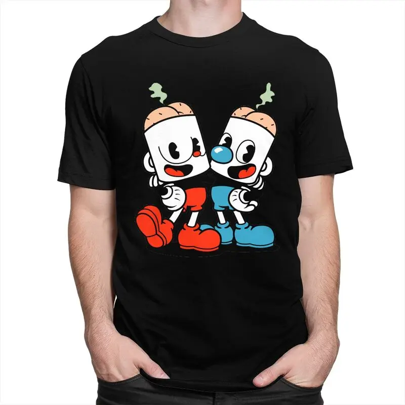 Custom Hot Game Cartoon Cuphead Mugman T Shirts for Men Pure Cotton Tees Tshirt Short Sleeve T-shirt Clothes