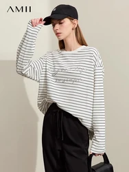 AMII Minimalism 2024 Striped T-shirts For Women Spring New Casual Trendy Crewneck Print Cotton French Basics Lady Tees 12421011