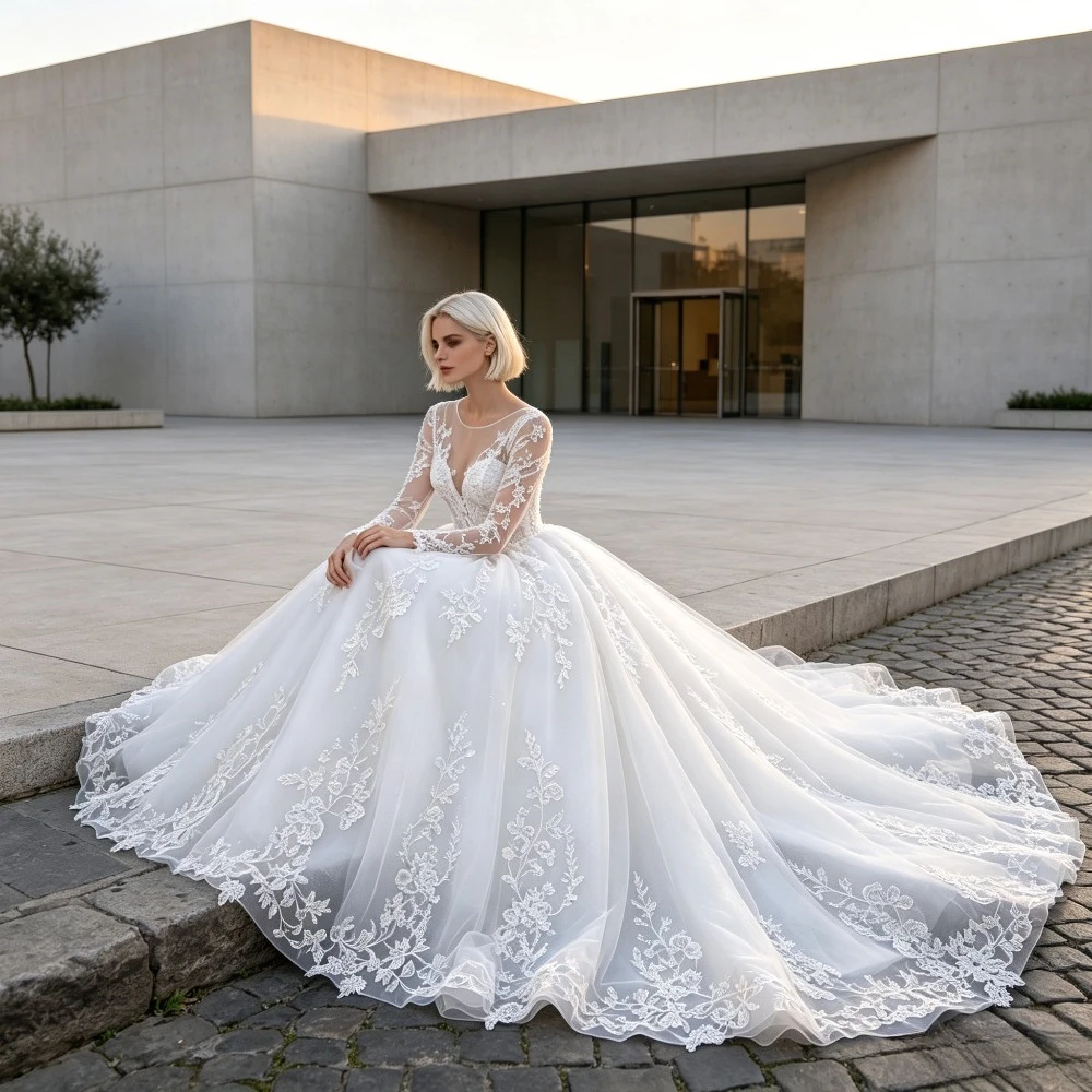Customized Long Sleeved Transparent Lace Wedding Dress 2026 New White Style V-neck Decal Cathedral Trailing Elegant Bridal Gown