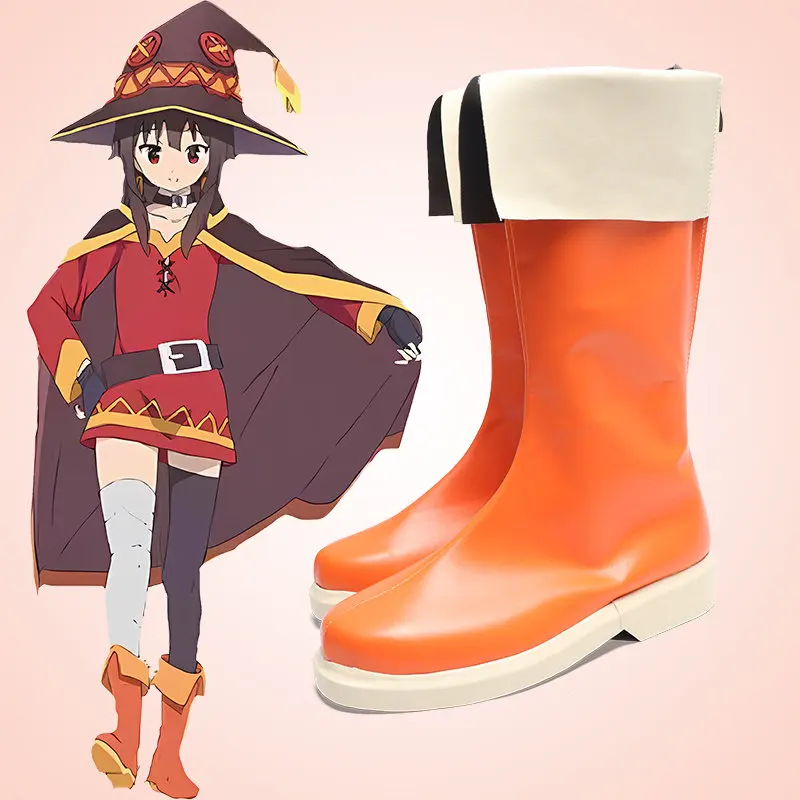 Kono Subarashii Sekai ni Shukufuku wo! Megumin Cosplay Shoes Orange Boots Carnival Party Halloween Handmade Faux Leather Boots