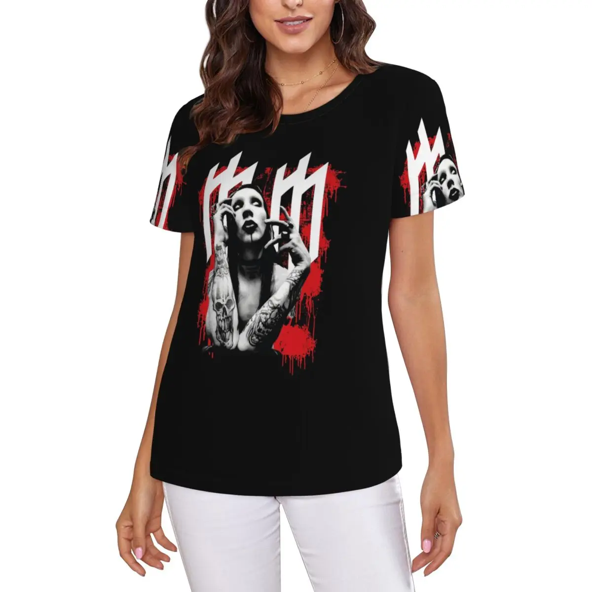 Marilyn Manson Glitch Fan Gift Music T-Shirt Women Short Sleeve T Shirts O-Neck Clothing Cotton Summer Tees Streetwear