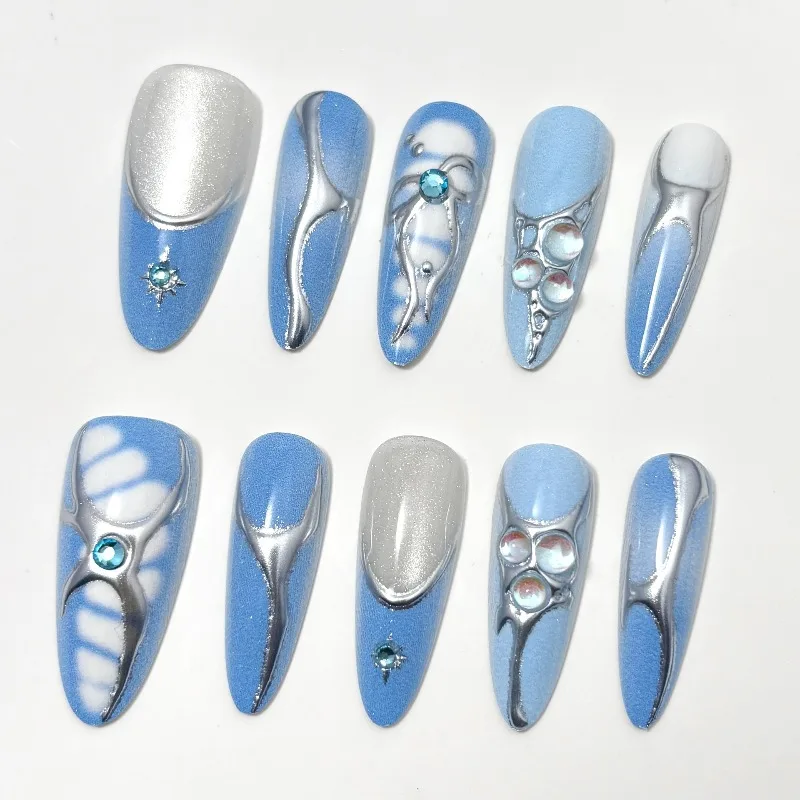 24 Stück Spice Girls Metallic Silber Schleifenmuster Künstliche Nägel Süße Coole Blaue Sterne Lange Stiletto Aufklebenägel Vollständige Abdeckung Tragbar
