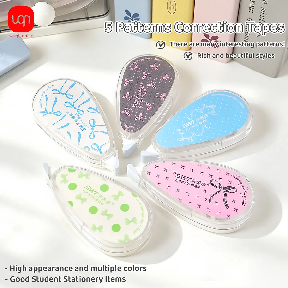 Cute Bowknot Print Correction Tape, 5mm Large Capacity, Smooth and Continuous, School and Office Supplies
