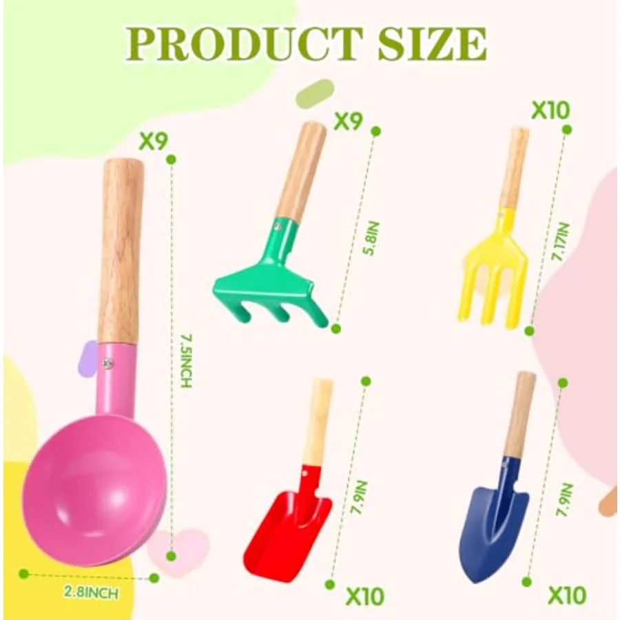 Beach sand toys for kids: metal shovel, rake, fork, trowel with wooden handlessummer gardening and sandbox digging set in blue,