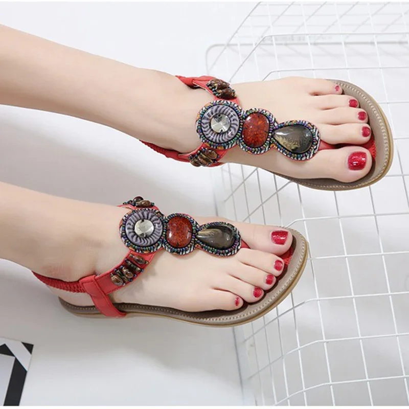 2024 Summer Women 2.5cm Platform 3cm Low Heels Sandals Lady Casual Sparkly Crystal Sandles String Bead Bohemian Flip Flops Shoes