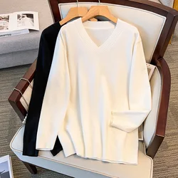 175Kg Plus Size Women's Bust 160 Spring Autumn Winter Loose V-Neck Pullover Sweater Knitted Black White 4XL 5XL 6XL 7XL 8XL 9X