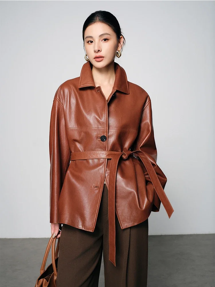 

Casual Genuine Leather Windbreaker Jackets for Women Spring Autumn 2026 High-end Simple Solid Soft Real Sheepskin Coat with Belt