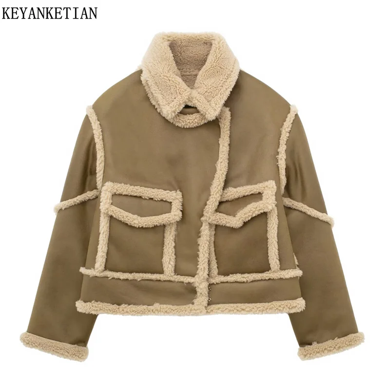 KEYANKETIAN jaket bulu domba bolak-balik wanita, Luaran Suede longgar ritsleting Detail jahitan Retro Amerika musim dingin