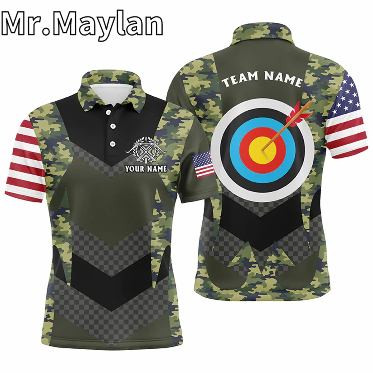 Personalized US Flag Camouflage Target Archery 3D Sport Polo Shirts For Men Custom Archery Team Jerseys Gifts For Archery Lovers