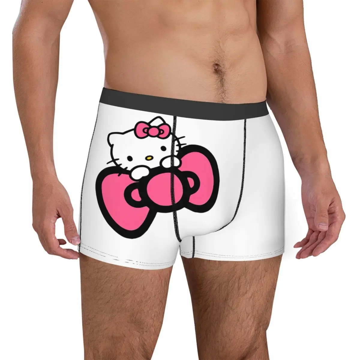 Men Cute Pink Hello Kitty Hold Bowknot Boxers Funny Gifts Underwear Shorts Men\'s Boxer Briefs Quilt Underpants Ultra Soft