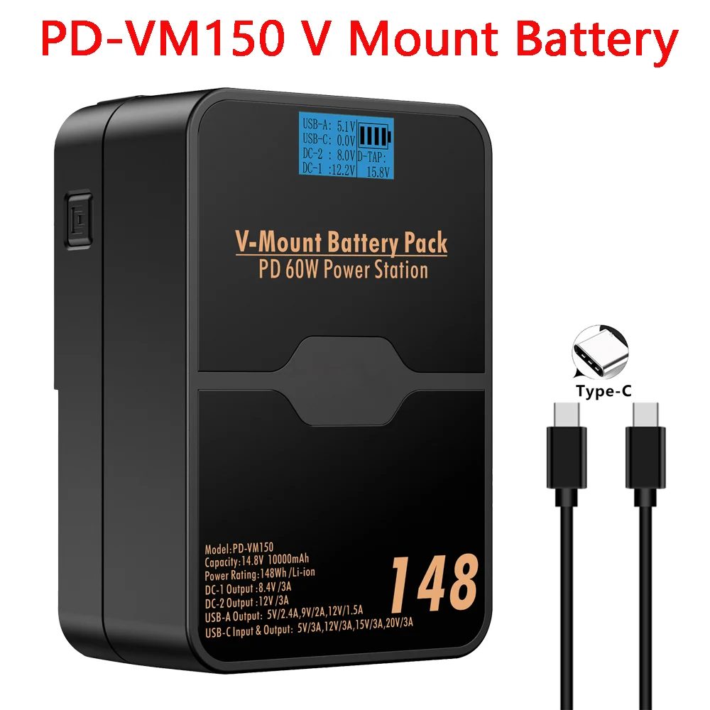 10000mAh PD-VM150 148Wh V Mount Battery with PD 60W USB-C Cable & LCD Display for Sony Camera LED Light Broadcast Camcorder