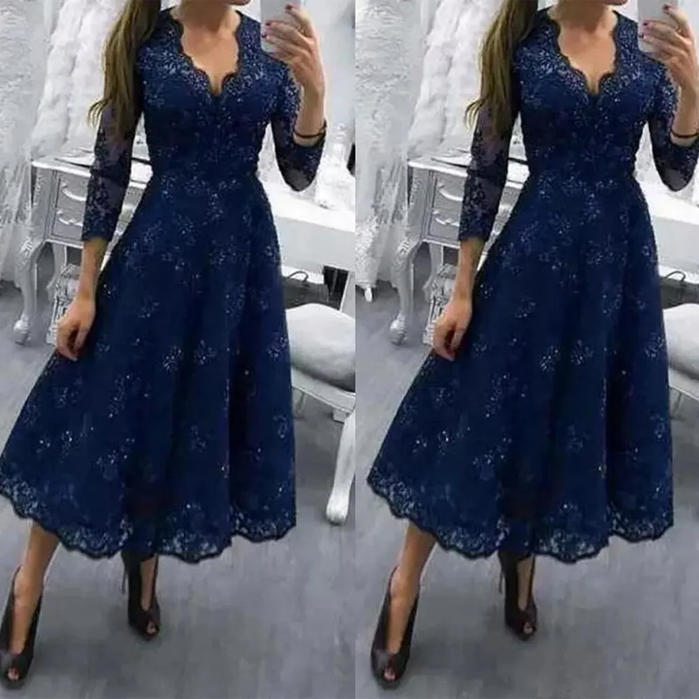 

Navy Blue Three Quarter Mother of The Bride Dress Tea Length A Line Lace Mother of Bride Dresses Formal Gowns