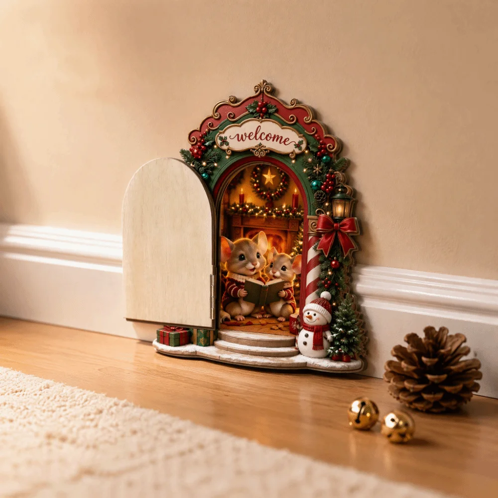 Openable Door Christmas Mouse Hole Wooden Creative Fairy Elf Door Mini Funny Dollhouse Home Decorations Room Wall Decoration