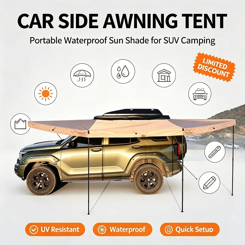 Portable Car Side Awning Tent 420D Oxford Waterproof Vehicle Side Sun Shade Canopy for SUV 4X4 Off-Road Camping Overland