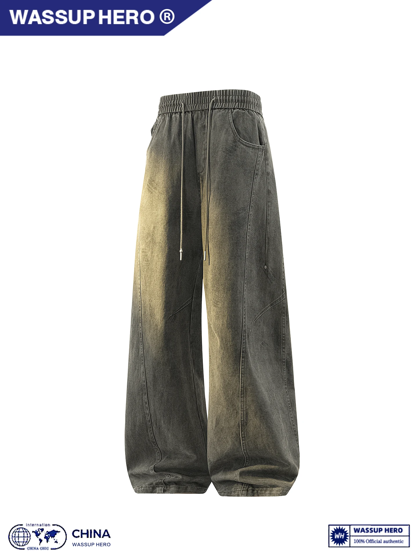 WASSUP HERO Calças Americanas Retro Militares Verdes de Perna Larga para Homens e Mulheres em Algodão Lavado Jeans Casuais