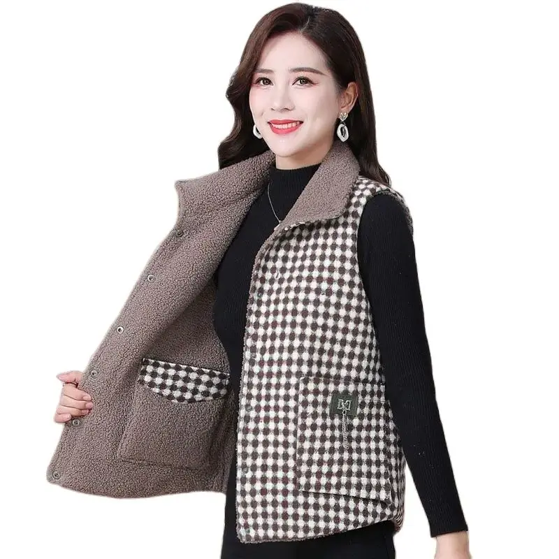 

Fashion Winter Lamb Fleece Plaid Cotton Vest Top Women's Waistcoat Two Sides Wearing Thickened Warm Cotton Jacket Coat Female