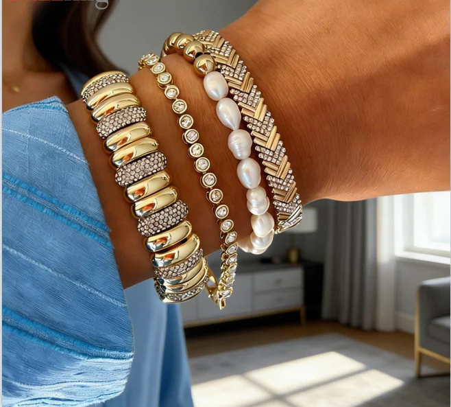 

New Arrived Geometric High Polish Herringbone Snake Chain Stretchy Stretch Tennis Bracelet for Women Fashion Gold Plated Jewelry