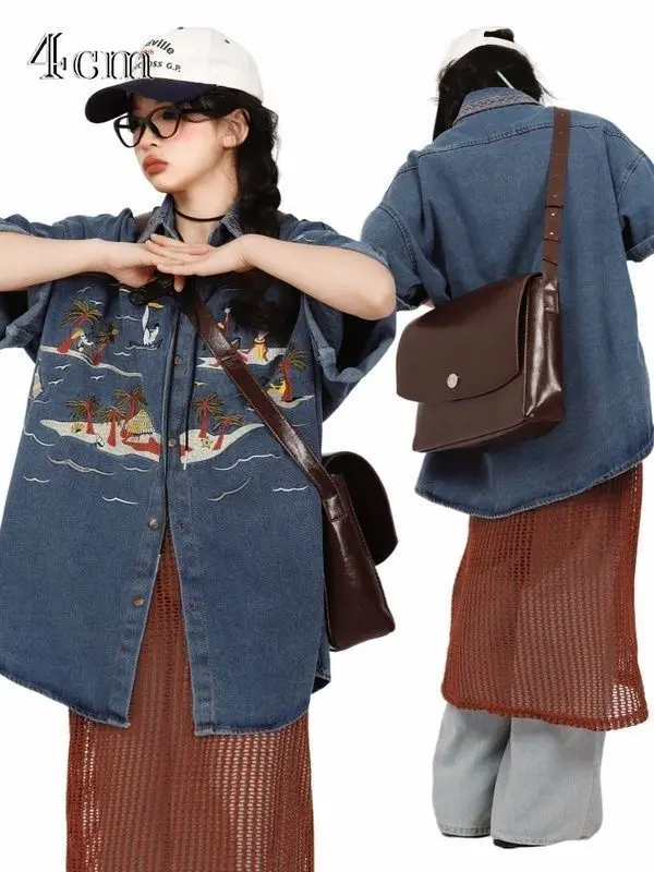 Vintage Embroidered Denim Shirt Short Sleeve Top for Women's Summer Harajuku Loose Coat Shirts New Couple Tops