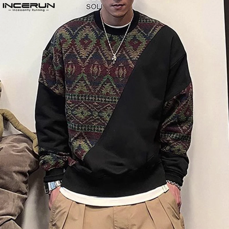 2024 Korean Fashion Long Sleeve Hoodies INCERUN Men Casual Round Neck The national Style Sweatshirts Loose Patchwork Pullovers